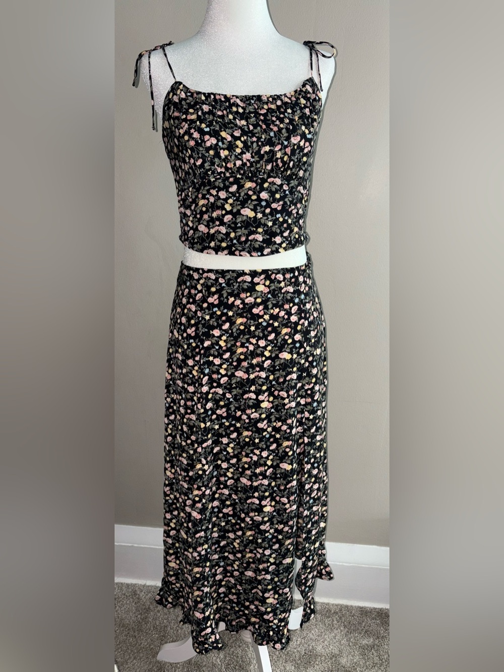 Black Floral Tank and Skirt Set with Floral Accents and Ties